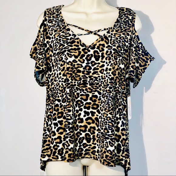 New.!Orange Kiss Blouse Cold Shoulder Animal Print - Picture 5 of 8